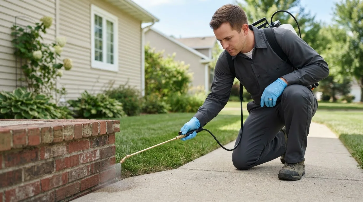 Pest control technician treating a home near Burden, KS
