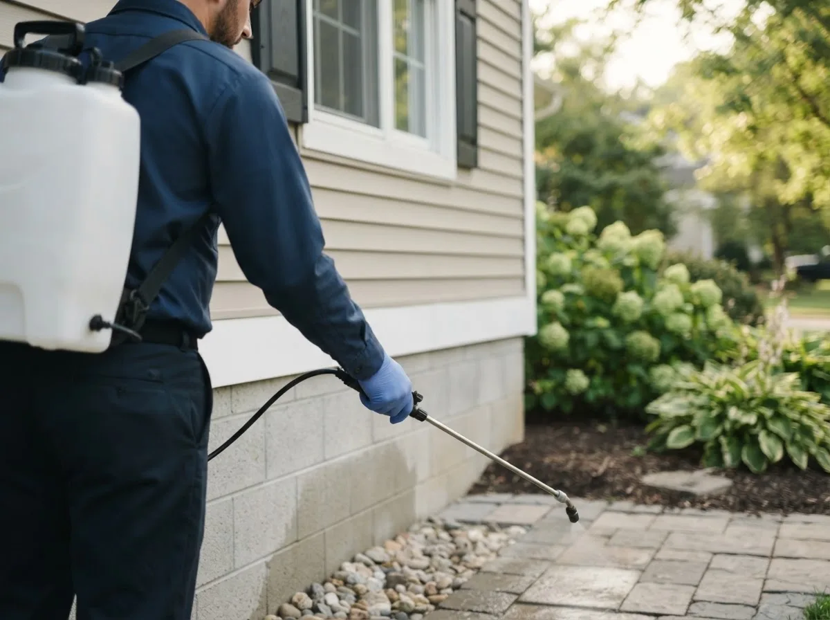 Pest control technician inspecting a home in Burden, KS